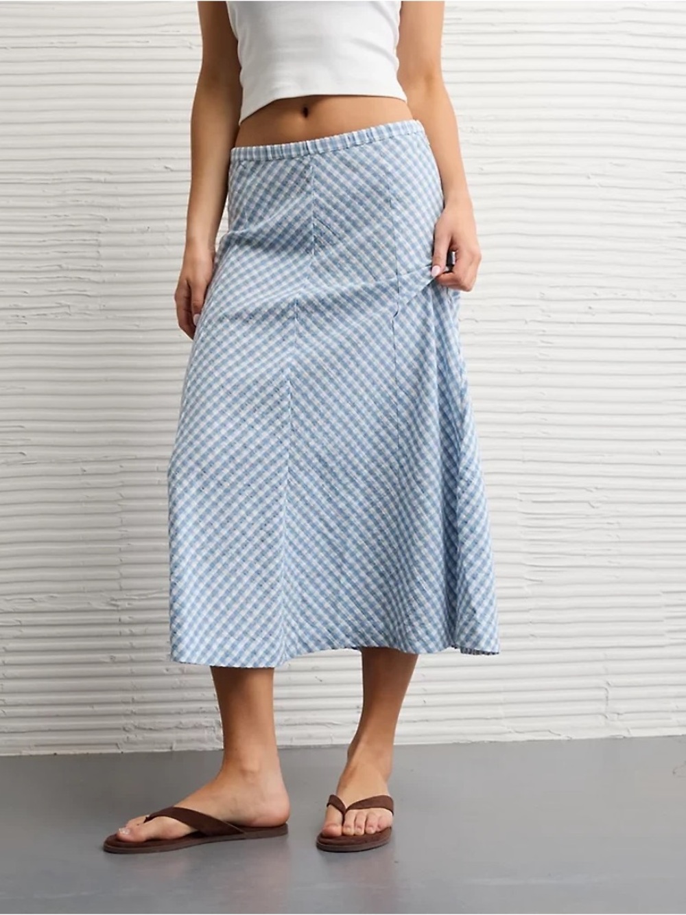 AE Light Blue Gingham Midi Skirt - Casual Women’s Skirt